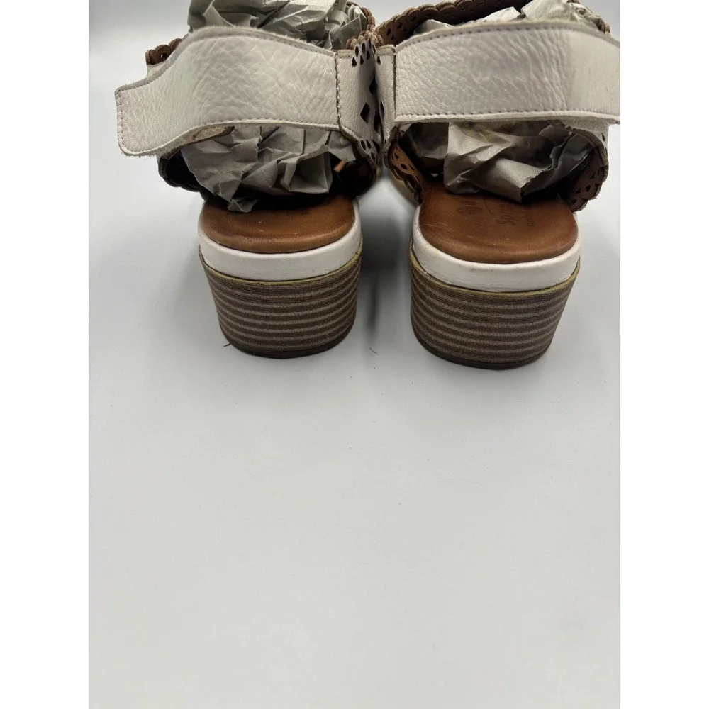 Spring Step Petra-W White Leather Laser Cut Wedge Sandals Womens 38